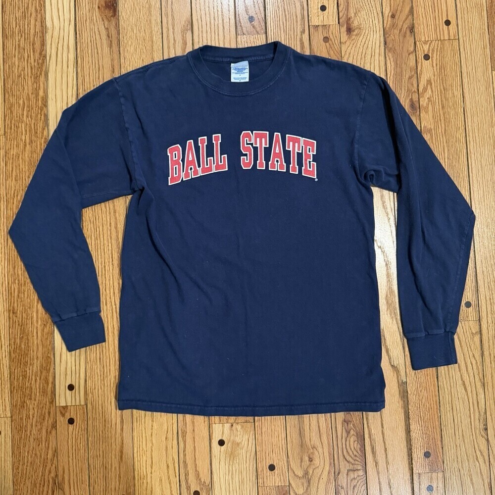 Ball State Long Sleeve T-Shirt Medium Navy Red Graphic 100% Cotton Unisex